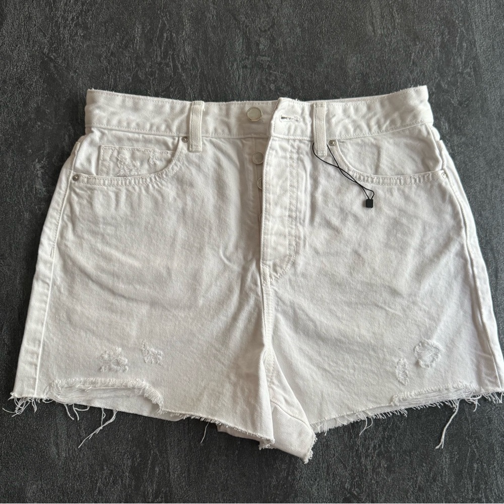 Zara White Distressed High-Rise Denim Shorts